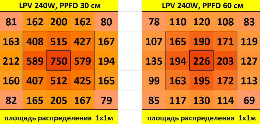 Розподіл щільності потоку фотонів (PPFD) на метр квадратний