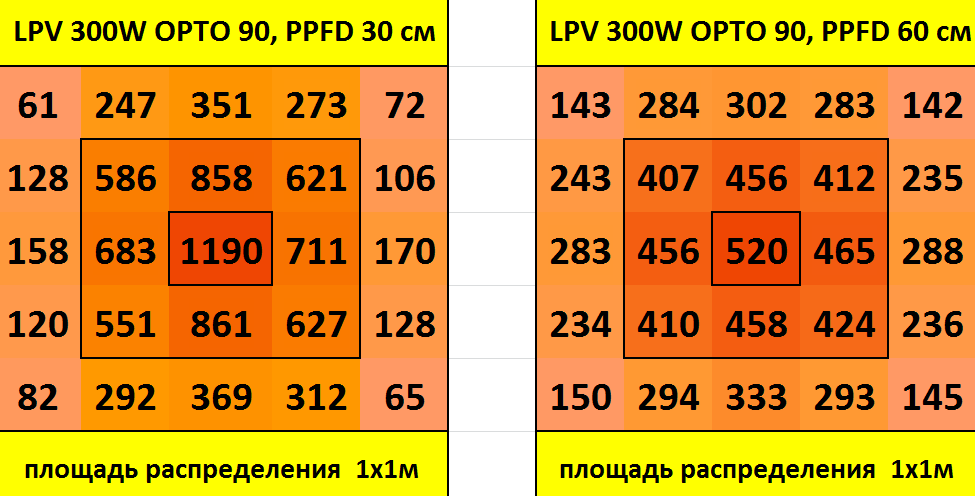 Розподіл щільності потоку фотонів (PPFD) на метр квадратний