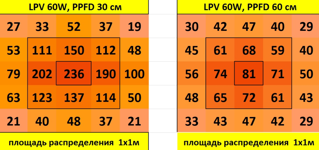 Розподіл щільності потоку фотонів (PPFD) на метр квадратний